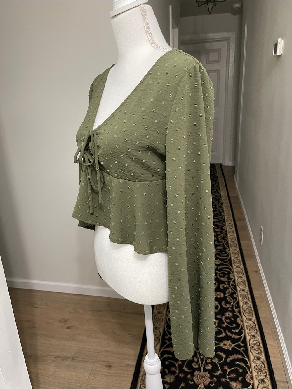 Altar’d State Swiss Dot Tie Front CropTop Bell Sleeve olive green Y2K babydoll M - Picture 2 of 16